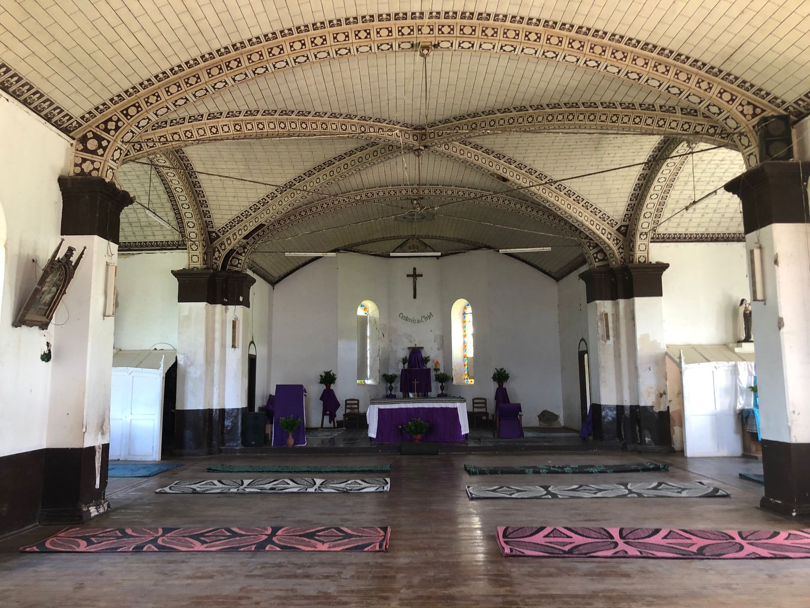 Historic church interior with traditional mats in Levuka